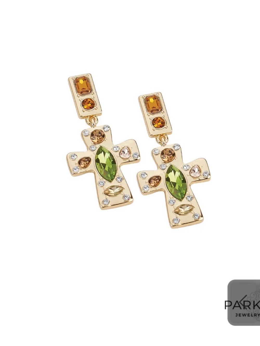 Park Lane Gold Cross Drop Earrings with Green and Amber Stones -